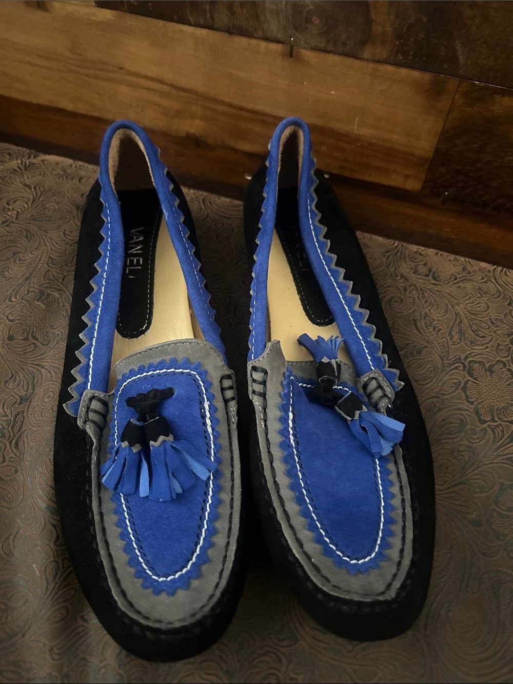 Vaneli Blue, Gray and Black Suede Tassel Loafers for Men